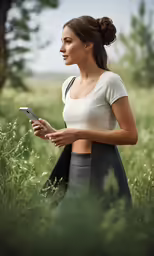 a woman holding a cell phone in a grassy field