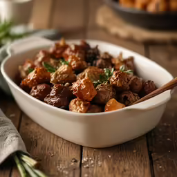 the meat is cooked with a brown wooden spoon