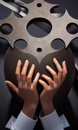 two hands on top of a heart shaped black object