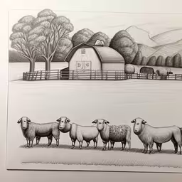 this is some drawings that i did of sheep,two pictures of sheep in front of a barn and barn