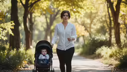woman is walking with a baby in her stroller