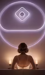 a girl is looking up from a white bed