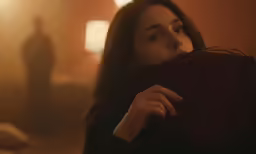 a woman hides her face under the cover of a bag in front of a man