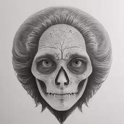 a drawing of a skeleton wearing a wig