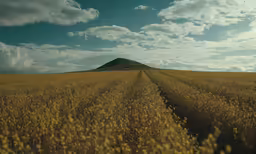 a field with yellow flowers and a single hill in the distance