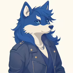 an animal with blue hair and a leather jacket