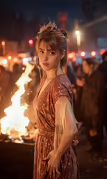 a woman in a brown dress standing in front of fire