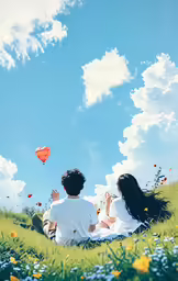two people sitting together on the grass flying a heart shaped balloon
