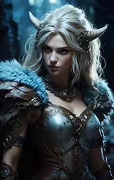 a woman with horns and horns on standing in the dark