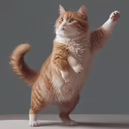 a cat on its hind legs on a grey surface