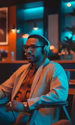 the man in suit sits in a chair wearing headphones