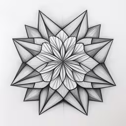 an ink drawing of an abstract flower,a drawing on paper with lines in the middle