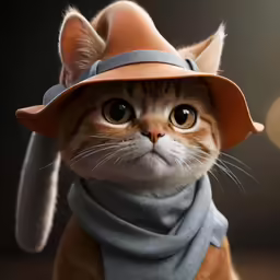 a cat wearing a gray scarf, brown hat and orange scarf