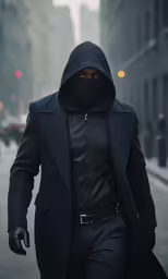 the masked person in the black cloak has his head up and is walking