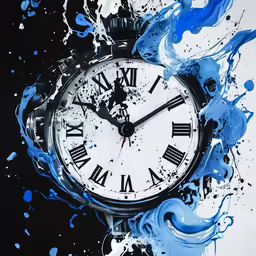 a white and black clock with some blue paint on it