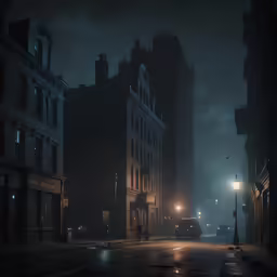 a car driving down a dark street in the middle of a city
