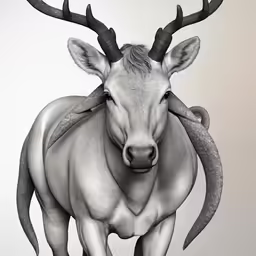 a black and white photo of an animal with horns
