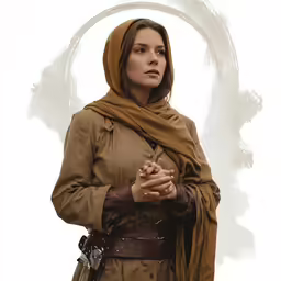 woman in robe standing with hands folded