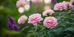 several pink flowers are sitting near some green leaves