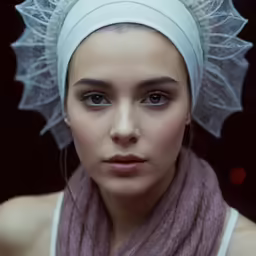 a woman wearing a head band and scarf