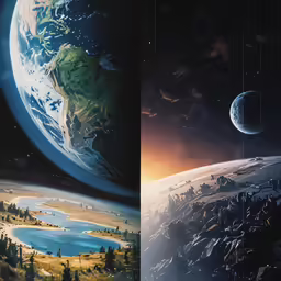 two pictures depicting the moon, earth and a planet with mountains
