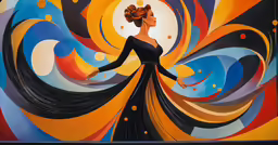 painting on canvas of a woman in a long dress with flowing flowing patterns