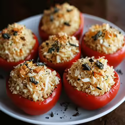 six red bell peppers covered in rice and seasonings