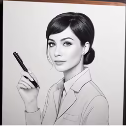 a woman in black and white holding a pen and drawing a portrait