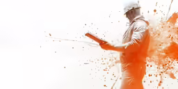 a man standing on top of a white and orange background