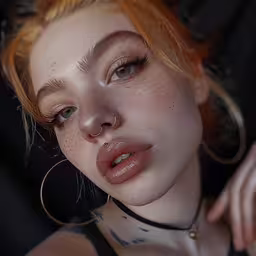 a woman with blue eyes wearing black jewelry and a choker,a woman in black outfit with piercings on her nose and eyes