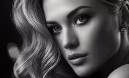 the model with curly hair and makeup is looking at the camera