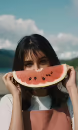 a beautiful young lady holding a slice of watermelon