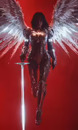 a futuristic angel with outstretched wings holding a sword