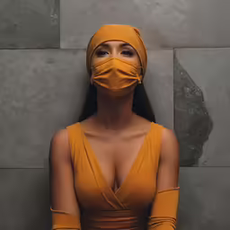 the woman wearing a face mask has long gloves