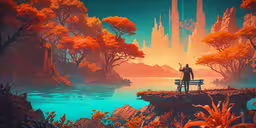 there is a man that is standing on a bench in the middle of an ocean,the man is sitting on a bench overlooking the lake