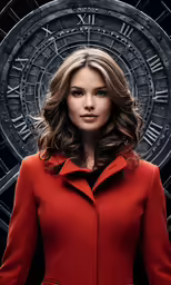 a woman in red jacket posing for a picture