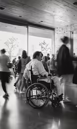 a man in a wheel chair sitting inside of a room full of people
