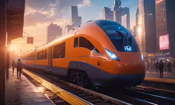 a large long train on a steel track,the train is going down the train tracks