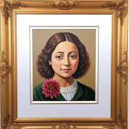 a painting of a woman with a flower in her hair,the painting is of a young girl with a large flower,a painting with a flower in it,a painting of a woman with a flower in her lap,this painting depicts a young woman wearing green with a flower in her mouth