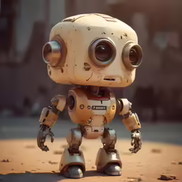 a robotic toy sitting on top of a dirt ground