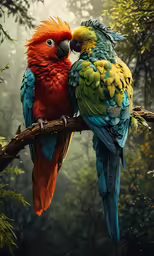two parrots that are sitting on a tree branch