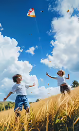 two little boys flying kites in the sky together