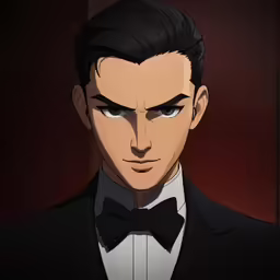 the face of an anime man with a beard and black hair