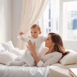 a woman holding a baby sitting on a bed