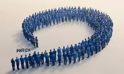 several people in blue standing around a large circle