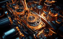 several assorted engine parts are shown from above