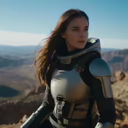 a female in a futuristic outfit looks out over the mountains