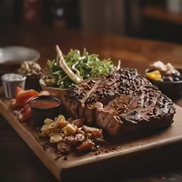 steak and salad on a wooden cutting board
