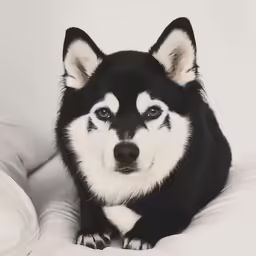 a black and white husky dog laying down with white sheets