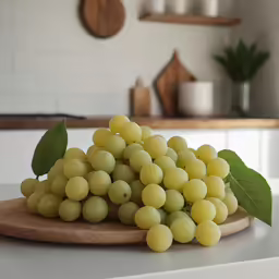 a pile of green grapes on top of a wooden plate